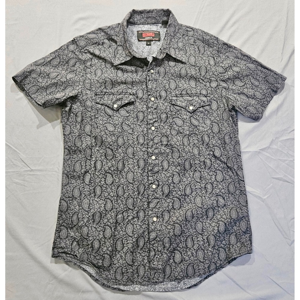 Rock & Roll Denim Western Shirt Mens Large Grey Paisley Pearl Snap Short Sleeve